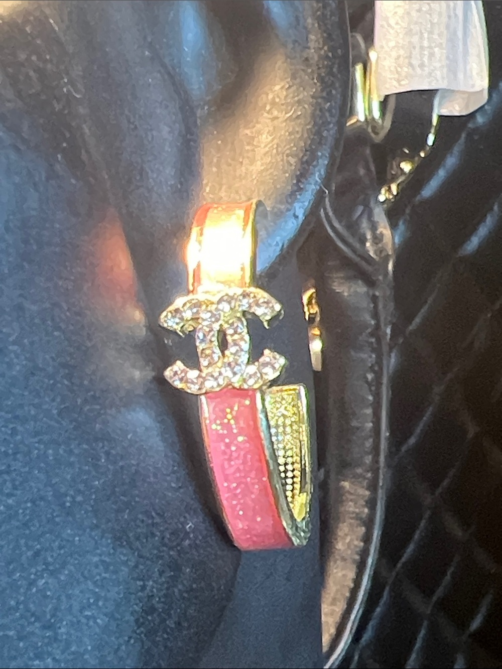 Gold-Tone Hoop Earrings with Pink Enamel and Crystal Logo Accent